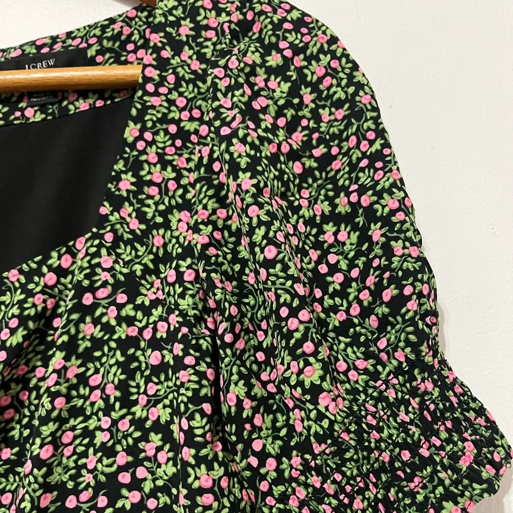 J.Crew Floral Puff Sleeve Midi Dress Black Pink Green 00